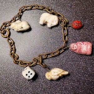 Vintage Cracker Jack Charm Bracelet Rabbit, Elephant, Ladybug, Buddha, Owl, Die